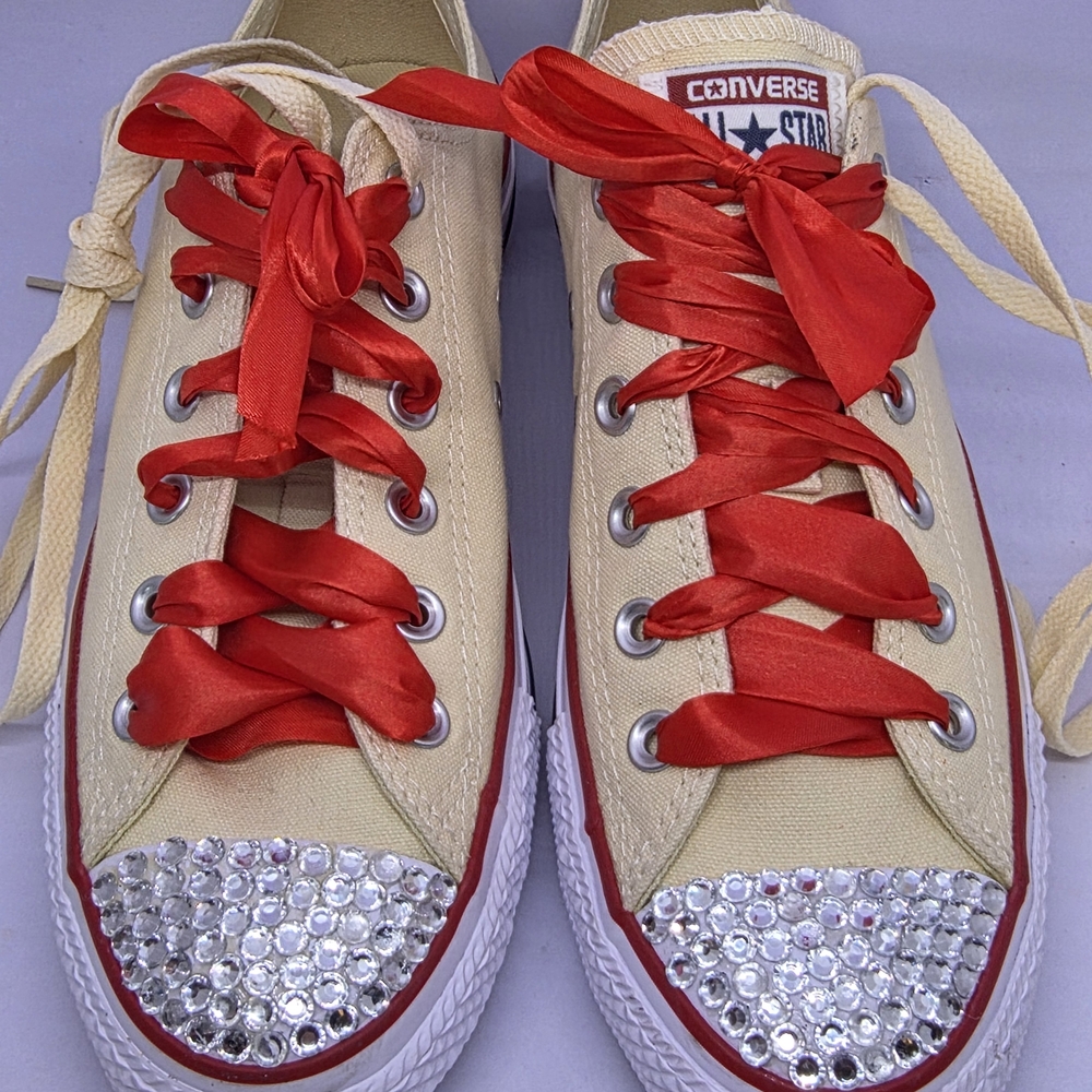 Converse Womens 9 Ladies Cream Sneakers Red Crystal Embellished Accents All Star - Picture 11 of 14